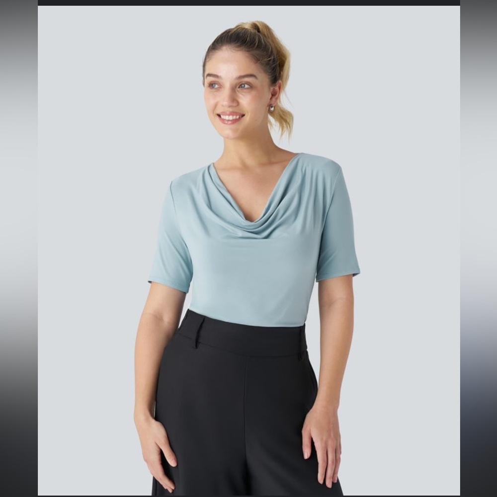 Light Blue Cowl Neck Short Sleeve Top